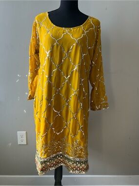 Women’s Indian Wedding Haldi Ceremony Saree With Pants Yellow Traditional Sz XL